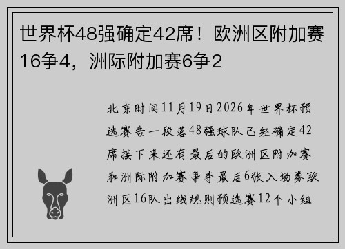 世界杯48强确定42席！欧洲区附加赛16争4，洲际附加赛6争2